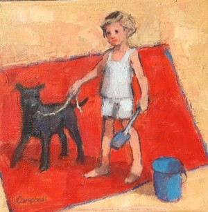 small girl with black dog by Catriona Campbell